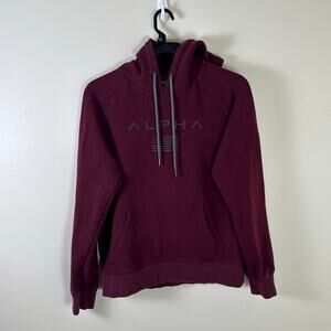 ALPHA Mens Comfort Fleece Hoodie Size M Pullover Sweatshirt USA Flag Maroon Red